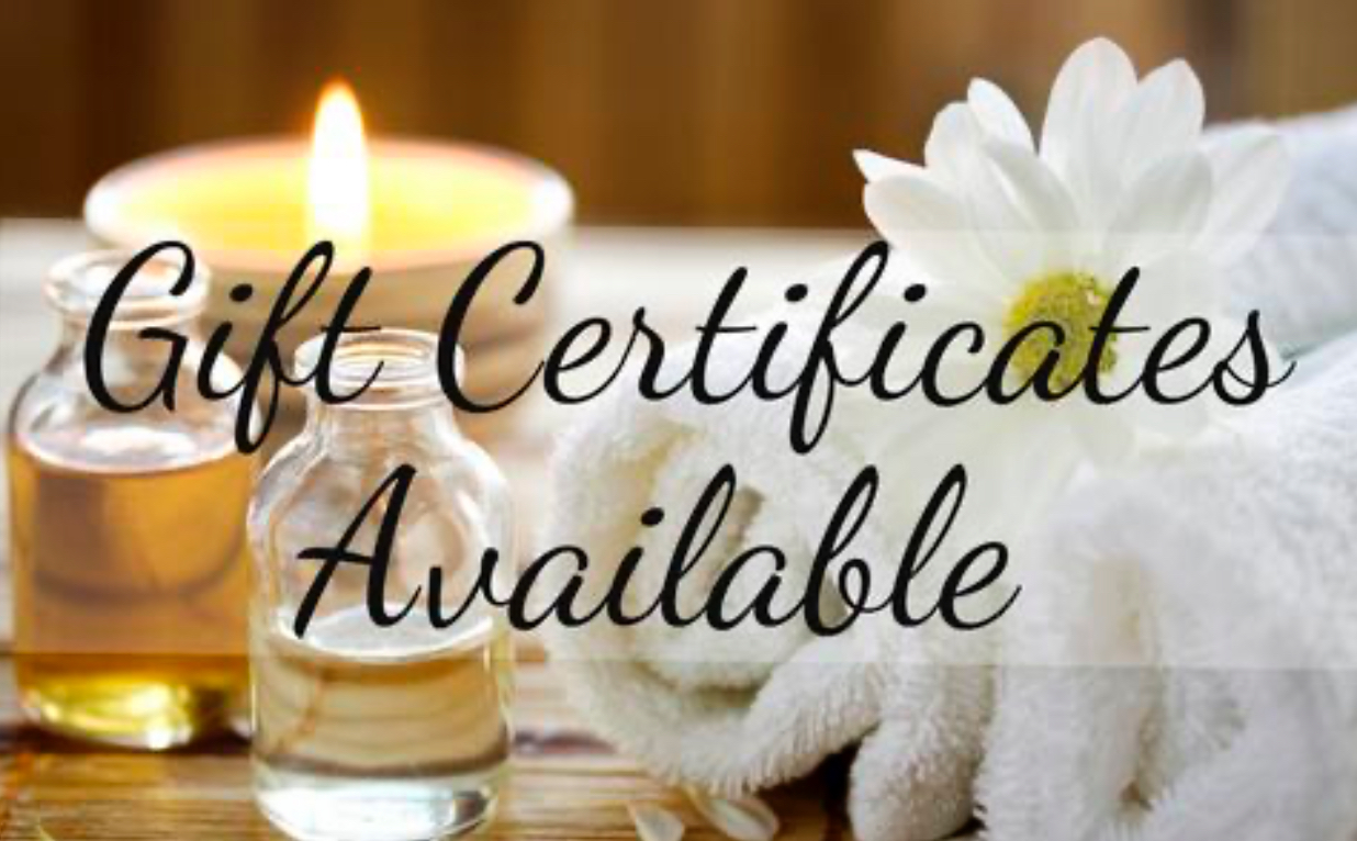 Gift certificates available, shown with a candle, oils and rolled towels